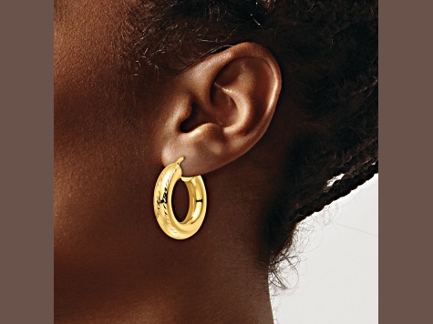 10k Yellow Gold 1 1/8" Polished and Diamond-Cut Round Hoop Earrings