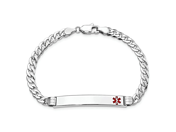 Rhodium Over 14k White Gold Medical Red Enamel Flat Curb Link ID Bracelet