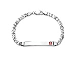 Rhodium Over 14k White Gold Medical Red Enamel Flat Curb Link ID Bracelet