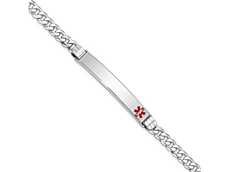 Rhodium Over 14k White Gold Medical Red Enamel Flat Curb Link ID Bracelet