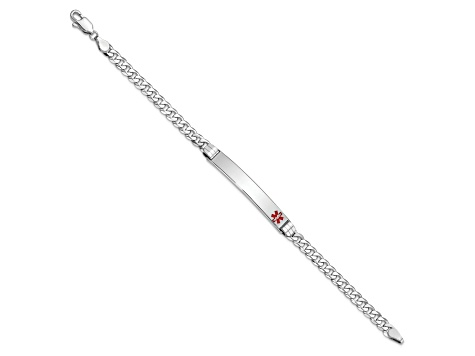 Rhodium Over 14k White Gold Medical Red Enamel Flat Curb Link ID Bracelet