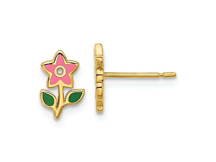 14k Yellow Gold Polished Children's Pink and Green Enameled Flower Stud Earrings