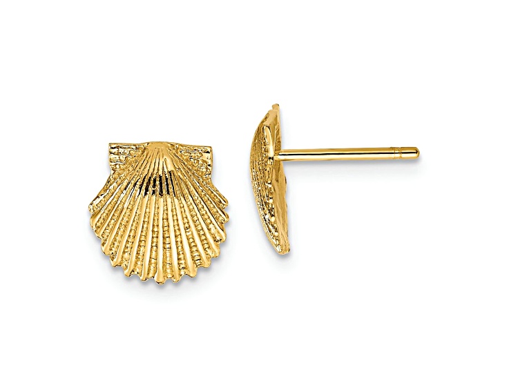 14k Yellow Gold Textured 9mm Scallop Shell Stud Earrings