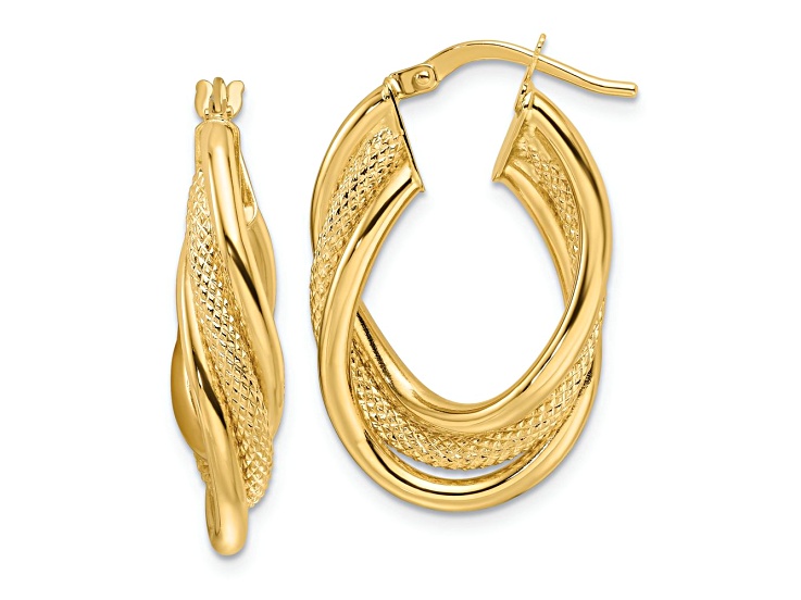 14k Yellow Gold Polished, Textured and Intertwined Twisted 1 1/16" Oval Hoop Earrings