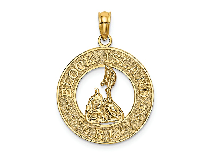 14k Yellow Gold Textured BLOCK ISLAND, RI Circle with Map Charm ...