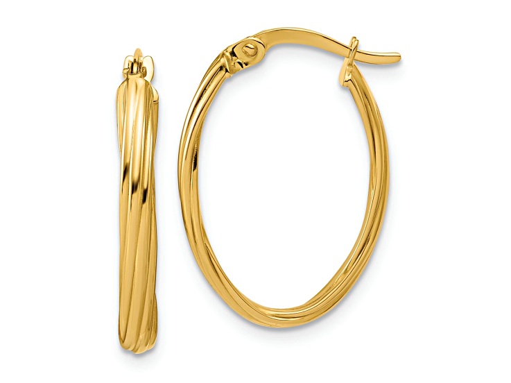 14k Yellow Gold 15/16 inch Polished and Grooved Twist Oval Hoop Earrings