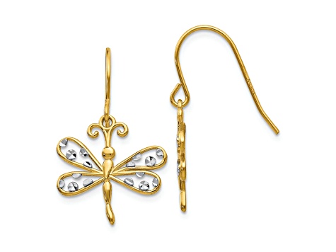 14k Yellow Gold and Rhodium Over 14k Yellow Gold Diamond-Cut Dragonfly Dangle Earrings