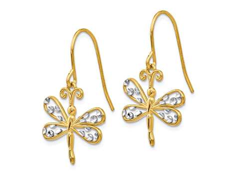 14k Yellow Gold and Rhodium Over 14k Yellow Gold Diamond-Cut Dragonfly Dangle Earrings