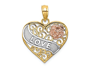 14K Tri-color Gold Textured LOVE Banner on Filigree Heart Charm