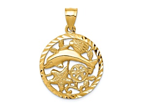 14k Yellow Gold Diamond-Cut Dolphin and Seashells Circle Pendant