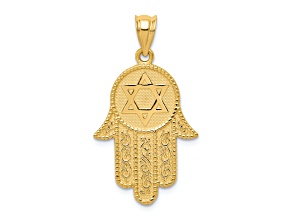 14k Yellow Gold Textured Hamsa with Star of David Charm