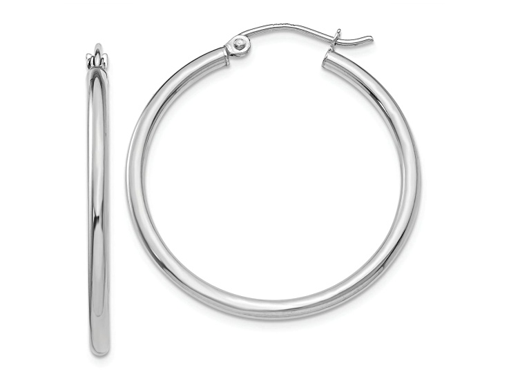 Rhodium Over 10k White Gold Polished 1 3/16" Tube Hoop Earrings