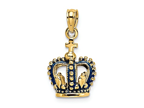 14k Yellow Gold 3D Blue Enameled Crown Charm
