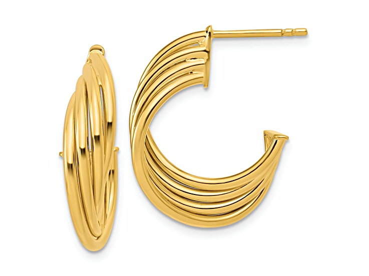 10K Yellow Gold Polished 3-Row Twist J-Hoop Post Earrings