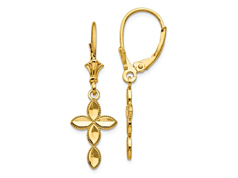 14k Yellow Gold Diamond-Cut Cross Dangle Earrings