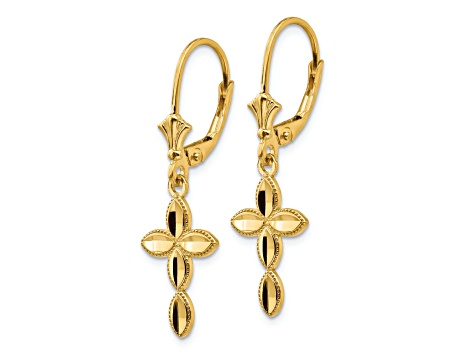 14k Yellow Gold Diamond-Cut Cross Dangle Earrings