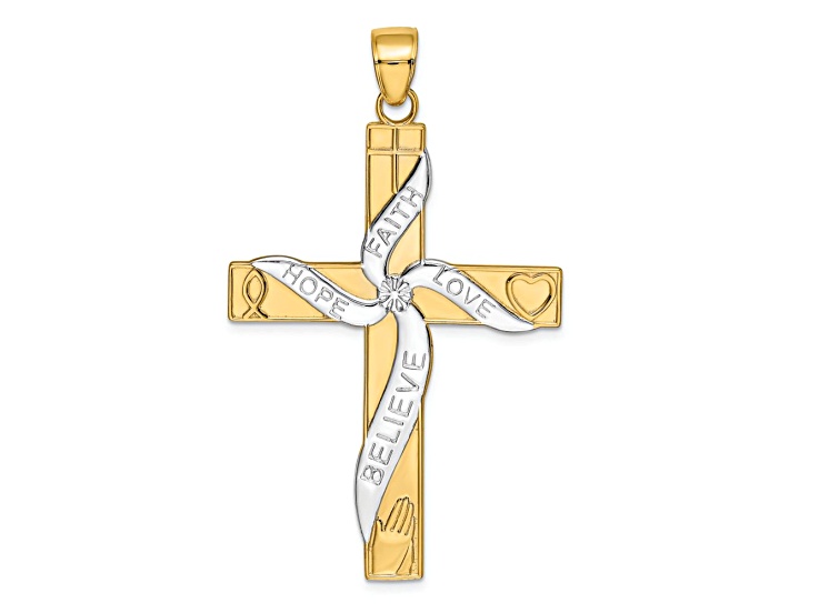 14K Two-tone Gold Hope Faith Love Believe Cross Pendant