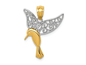 14K Two-tone Gold Polished Hummingbird Filigree Wings Pendant