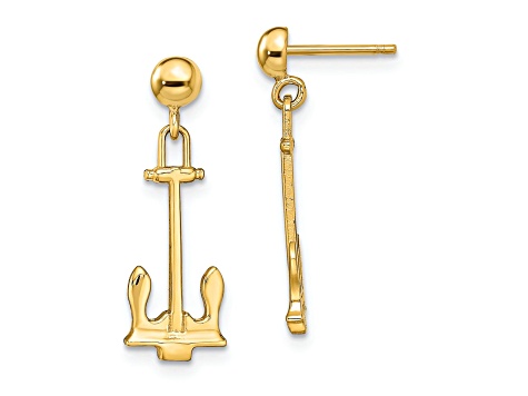 14k Yellow Gold Polished Navy Anchor Dangle Earrings