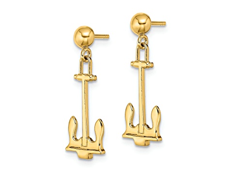 14k Yellow Gold Polished Navy Anchor Dangle Earrings