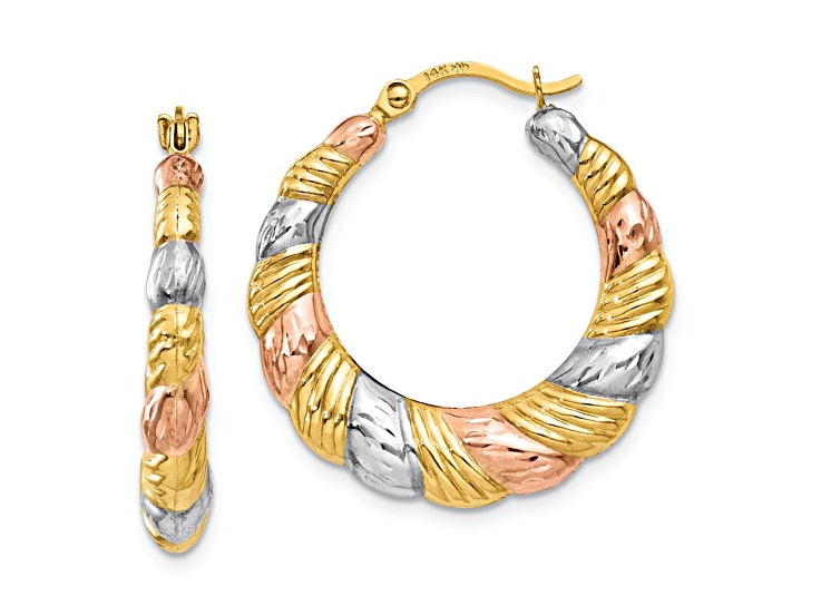 14k Yellow Gold and Rhodium Over 14k Yellow Gold 7/16" Scalloped Hoop Earrings