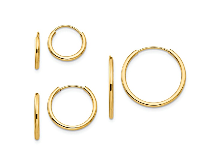 14K Yellow Gold Polished Endless Hoop 3 Pair Earring Set