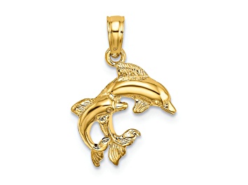 Picture of 14k Yellow Gold Polished and Textured 2D Mini Double Dolphins Charm