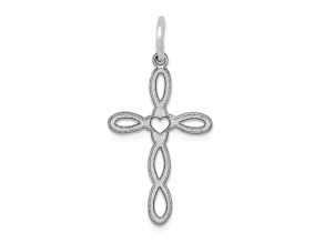 Rhodium Over 14k White Gold Satin Loop with Center Heart Cross Charm