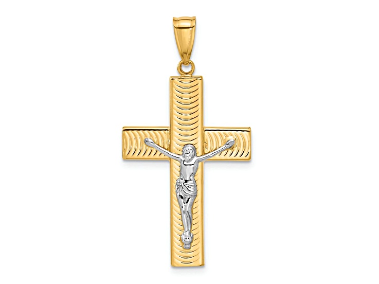 14k Two-tone Gold Polished Textured Crucifix Pendant