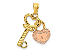 14K Two-tone Diamond-cut Heart Lock and Key Pendant