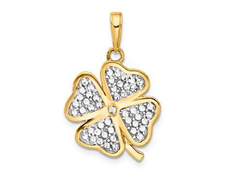 14K Yellow Gold with White Rhodium Polished and Diamond-Cut 4-Leaf Clover Pendant