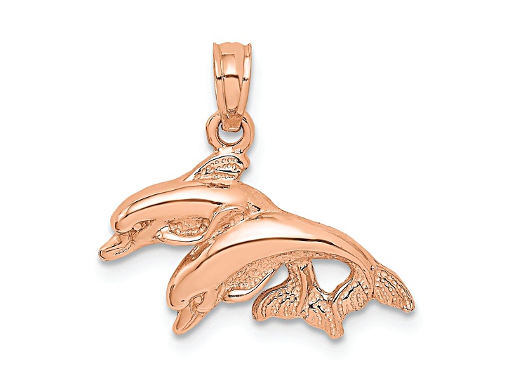 14k Rose Gold Textured Polished Double Dolphins Jumping Left Charm