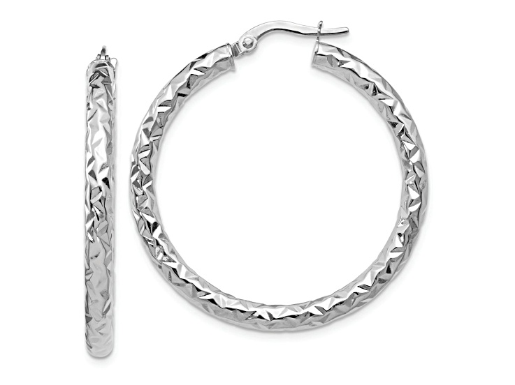 Rhodium Over 14k White Gold 1 5/16 inch Polished and Textured Hoop Earrings