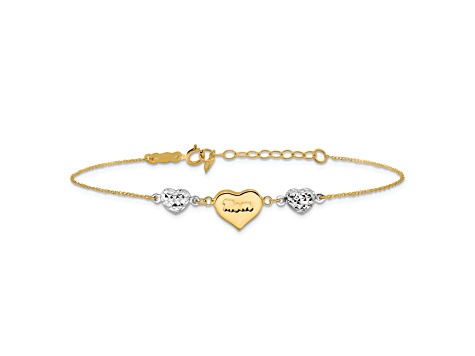14k Two-tone Gold Puffed Mom Heart and Diamond-Cut Hearts Bracelet
