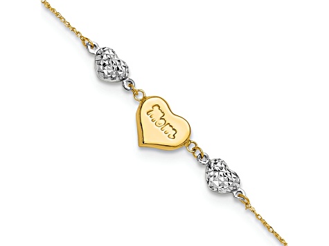 14k Two-tone Gold Puffed Mom Heart and Diamond-Cut Hearts Bracelet