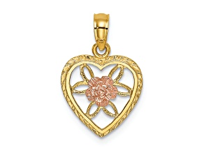 14k Two-tone Gold Textured Heart with Flower Inside Charm