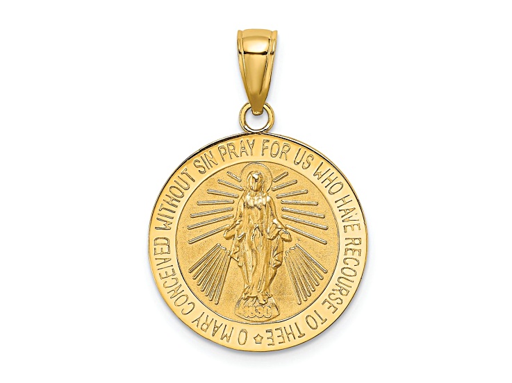 14k Yellow Gold Polished and Satin Miraculous Medal Charm