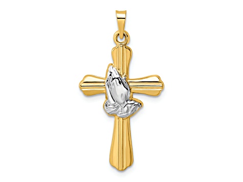 14K Yellow Gold with Rhodium Polished Hollow Praying Hands Cross Pendant