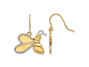 14k Yellow Gold and Rhodium Over 14k Yellow Gold Diamond-cut Bee Dangle Earrings