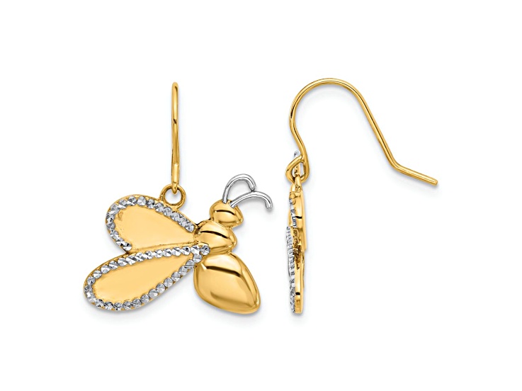 14k Yellow Gold and Rhodium Over 14k Yellow Gold Diamond-cut Bee Dangle Earrings