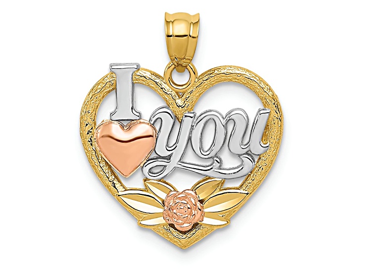 14k Tri-color Gold Textured I Love You Heart Pendant