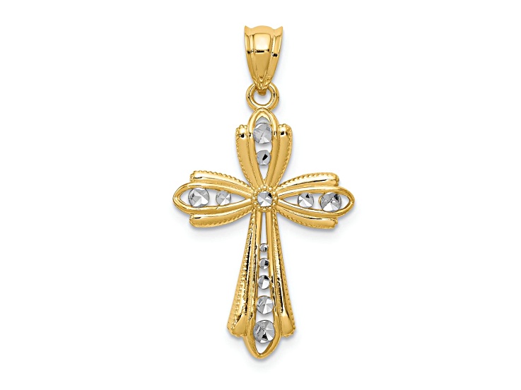 14k Yellow Gold and Rhodium Over 14k Yellow Gold Diamond-Cut and Textured Cross Charm