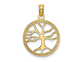 10K Yellow Gold Textured Small Tree Of Life In Round Frame Charm