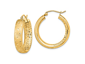 Picture of 14K Yellow Gold 1" Polished Satin and Diamond-Cut In and Out Hoop Earrings