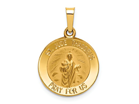 14K Yellow Gold Polished and Satin St Jude Thaddeus Medal Hollow Pendant