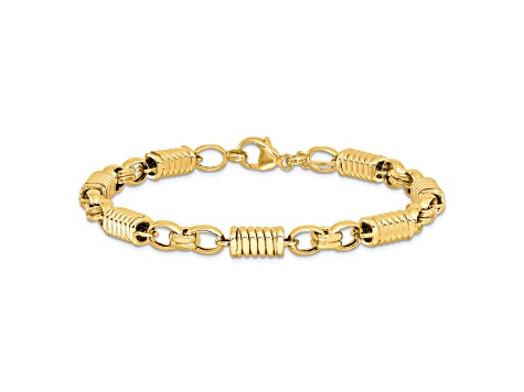 14K Yellow Gold Polished and Grooved Fancy Link Men's Bracelet