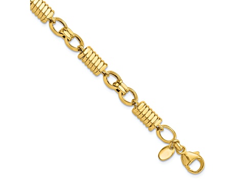 14K Yellow Gold Polished and Grooved Fancy Link Men's Bracelet