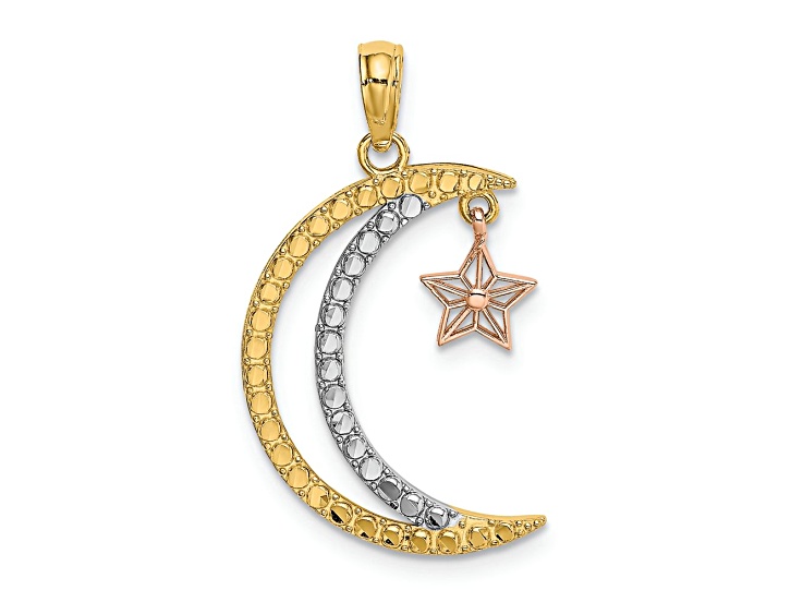 14k Tri-color Gold Textured Moon with Star Moveable Charm