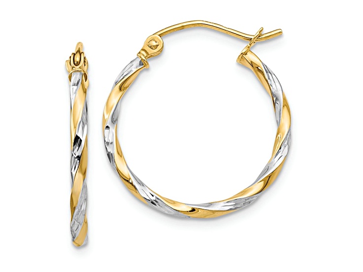 14k Yellow Gold and Rhodium Over 14k Yellow Gold 13/16" Twisted Hoop Earrings