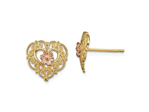14K Yellow Gold and 14K Rose Gold Textured Lace Trim and Flower Heart Stud Earrings